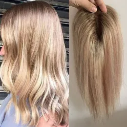 Toppers Highlight Braun Blonde Farbe Toupet Gerade Mono PU Echthaar Topper Haarteile für Frauen Natürliche Remy Echthaar Perücke