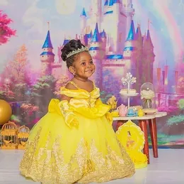 Gelbe Ballkleid-Blumenmädchenkleider mit Spitzenapplikationen, Festzugkleid für kleine Mädchen, Kinder-Forma-Geburtstagskleider für Fotoshooting
