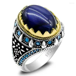 Cluster Rings Turkish Jewelry Men's Ring Natural Blue Tiger Eye 925 Sterling Silver Vintage Turquoise Punk Style Women's