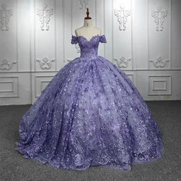 Purple Glitter Tulle Princess Quinceanera Dresses Off Shoulder Applique Lace Floral Lace-up Prom Vestido de 15 verde