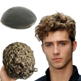 Toupet N.L.W Parrucchino pieno in pizzo per uomo Parrucchino per capelli castano chiaro 10mm Afro Curl sostituzione parrucchino per uomo misura 10 * 8