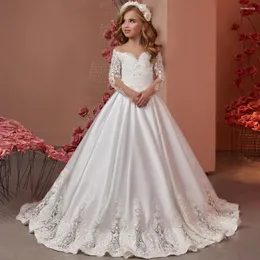 Girl Dresses White Lace Flower Satin Off Shoulder Puffy Floor Length Elegant Kids Wedding Party Dress Birthday Evening Ball Gown