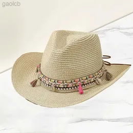 Wide Brim Hats Bucket Hats Bohemian style straw hat tassel shell colorful rope decoration hat unisex large Brim Sunscreen jazz hat fashionable accessory 24323