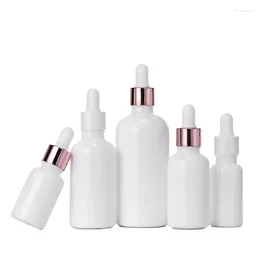 Lagringsflaskor 15st Pearl White Glass Droper Injektionsflaskor Top Rose Gold Ring tom eterisk oljepåfyllningsflaska 10 ml 15 ml 20 ml 30 ml 50 ml 100 ml