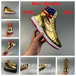 Beste Qualität Trump Schuhe 2024 T Gold Sneakers Maßgeschneiderte Trumps Hüte Flaggen Baketball Schuhgröße US 4Y-12 Kommen Sie mit Box