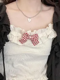 Kvinnors tankar y2k skörd topp kvinnor sommar ärmlös tank kvinnlig japansk söt lolita t-shirt damer koreanska modes båge ruffles camisole