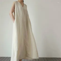 Sukienki swobodne bawełniane lniane damskie sukienka z kieszonkową solidną luźną bez rękawów letnią koreańską szatę na 120798WLA