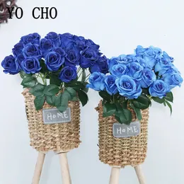 12 huvuden Royal Blue Artificial Flowers Rose Floral Bouquet Simulation Silk Fake Flowers Home Wedding Party Table Decor Flowers 240309