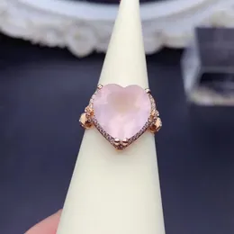Cluster-Ringe, herzförmiger natürlicher Rosenquarz-Ring für Hochzeit, 8 Karat rosa Silve, klassischer 925er Silber-Edelsteinschmuck mit Vergoldung