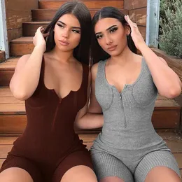 Hgte Women Knit Ribbed Bodycon PlaySuit Short Jumpsuit Sport Sammantaget för Summer Strap Zipper Rompers Combinaison 240313