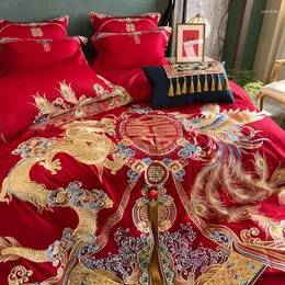 Sängkläder set kinesiska lyxbröllopsset 1000tc egyptisk bomullsguld loong Phoenix broderi täcke täcke lakan kuddar 9 st.