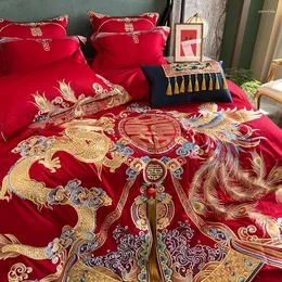 Conjuntos de cama Chinês Luxo Casamento Conjunto 1000TC Algodão Egípcio Gold Loong Phoenix Bordado Duveta Capa Cama Folha Fronhas 9 Pcs