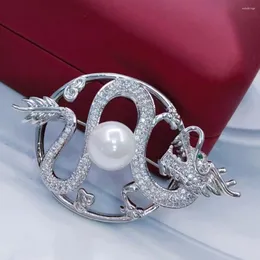Brosches Chinese Dragon Brosch Pin With Bling 3A CZ Micro Paled Women Jewelry Silvertone Imitation Pearl Spilla Broche Feminino