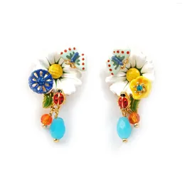 Dangle Küpeler Çiçek Küçük Açık Daisy Butterfly Stud S925 Gümüş İğne Emaye Süslemeleri