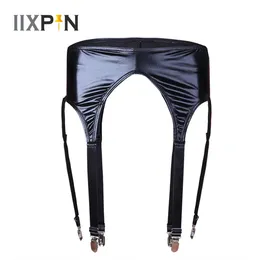 Svart Wetlook Patent Leather strumpeband Kvinnor för strumpa Suspender Belt Sexig strumpebandhållare Fäster Kvinnlig underkläder 240320