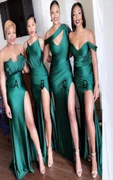 2022 Sexy Emerald Green High Slit Bridesmaids Dresses Soft Satin Off Shoulder Halter Strapless Wedding Guest Dress Evening Gowns P4842830
