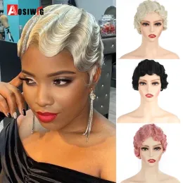 Wigs aosiwig الاصطناعية القصيرة البسكرا Cosplay مجعد الأشقر الوردي الأحمر الجير الأخضر الشعر الطبيعي الشعر الأفرو غريب