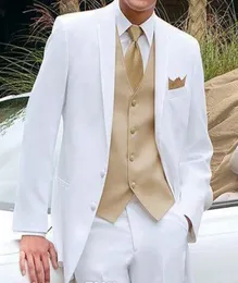 Smoking de casamento branco e dourado para homens, roupas de palco, blazer mais recente, 3 peças com lapela entalhada, ternos masculinos personalizados, jaqueta e calças, 5249682, 2019