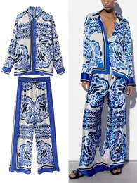 Zbza Womens Fashion Blue Printed Satin Shirt Retro Loose Wide Leg Pants Two Piece Set Street Shoot Casual Women Trousers 240314