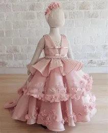 Mädchenkleider Real Picture Rosa Mädchenkleidung Mutter Tochter Partykleider V-Ausschnitt Ballkleid 3D Blumen Perlen Blumenkleid