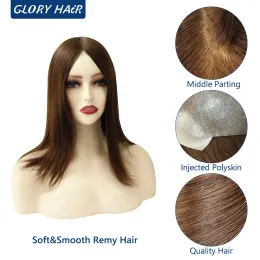 Toppers GLORYHAIR 14" 16" TP22INJ Chinese Cuticle Remy Human Hair Topper Silky Hairpieces for Woman Injected Poly Skin Women Toupee