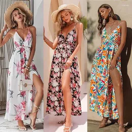 Vestidos casuais sexy vestido férias impressão cintas sem costas verão para mulheres 2024 cintura alta rendas até split maxi praia vestidos 6311