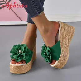 Aphixta Sommer 9 cm Keilabsatz Slipper Big Pearl Bead Blumen Kuh Wildleder Schleife Mulers 4 cm Plateau Sandalen Clog Schuhe Slides 240318