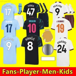 23 24 Haaland Camisas de futebol DE BRUYNE RODRIGO GREALISH FODEN 2023 2024 MANS CIDADES Futebol Camiseta Bernardo RUBEN DOKU ALVAREZ Fãs Jogador Homens Kit Infantil Conjuntos U