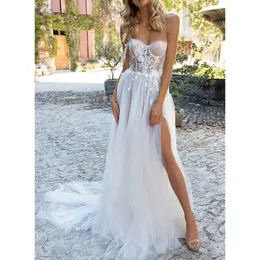 Abiti da sposa bohémien con spalle scoperte Abiti da sposa con applicazioni in pizzo illusione Spiaggia A Line Robes De Mariee