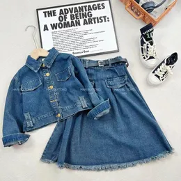 Clothing Sets Design Sense Fashion Girls Denim Suit Casual Lapel Single-breasted Children's A-line Skirt Korean Version 2024 Two-piece Set