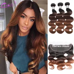 Zamknięcie blond fali ciała z zamknięciem czołowym T1B 4 30 Ombre Brown Raw Human Hair Weave Bundle z koronkowymi przednimi Remy 13x4