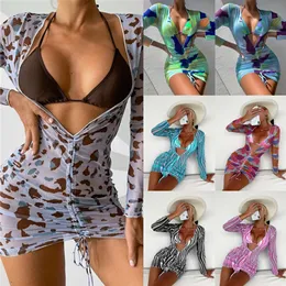 2022 New Transparent Mesh Digital Three Piece Set with Printed Sunscreen Beach Bikini Swimwear