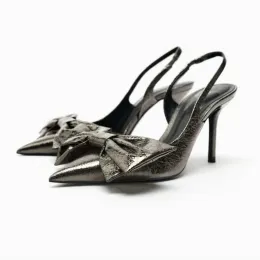 مضخات Lmcavasun Bow عالية الكعب Slingback Pumps النساء أنيقة المكتب سيدة مدببة إصبع القدم كعب مضخات الإناث مثير حزام الظهر عالية الكعب