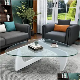 Living Room Furniture White Coffee Table Triangle Glass Solid Wood Base Drop Delivery Home Garden Otnfv