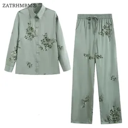 ZATRHMBM Womens Fashion Sequined Satin Shirt And Drawstring High Waist Trousers Set Chic Youth Vacation Suit 240321