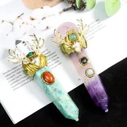 Decorative Figurines Real Amethyst Fluorite White Crystal Quartz Single-pointed Prism Energy Magic Wand Christmas Elk Witchcraft Scepter