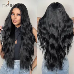 الباروكات Easihair Long Black Synthetic Wig Middle Part للنساء السوداء فائقة طويلة الجسم المستعارة المستعار