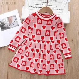 Girl's Dresses Autumn and Winter Girls Sweater Checkered Dress Full Print Love Pattern Keep Warm Knitted Dress 2-6Y Childrens Fashion Princess Dress 24323