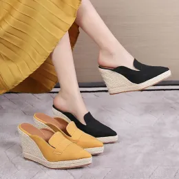 مضخات Ryamag الجديدة الربيع والخريف مضخات مدببة منصة كعب إسفين كعب High Heel Women’s Shoes Straw Hemp Rope Platform