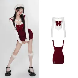 Herbst und Winter sanftes Wind Süßes Kleid Mädchen Bowknot Weiß Langarm T-Shirt Red Hip Wrap Kleid Mode Set Korean 240402