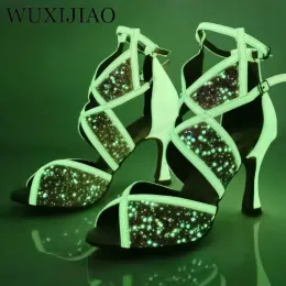 Boots Latin Dance Shoes Women's Wide with Blue Pink Green Fluorescent Pu Flash Cloth Salsa Dance Performance Ballroom Dance Shoes