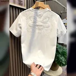 Estilo chinês leão despertar bordado manga curta camiseta para homens 2024 verão nova casual metade com uma camisa de base juventude