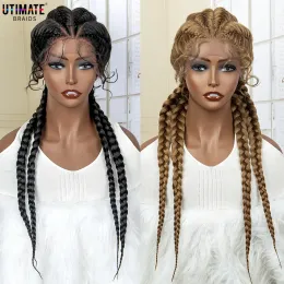 Perucas 26 polegadas de caixa curta tranças de renda peruca frontal africana sintética 4 peruca trança com cabelos para bebês para afro France Women Box Braid Wig