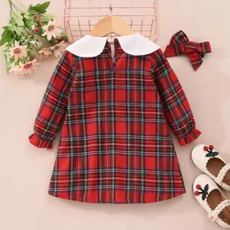 Girl Dresses Baby Christmas Clothes Plaid Ruffle Long Sleeve Dress Tutu Party With Headband 2Pcs Set