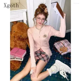 Work Dresses Xgoth Sweet Skirt Set Pink Embroidered Long Sleeved Sweater Tops Plaid Slim High Waist A-line Half Skirts Winter Female Outfits