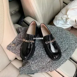 Loafers 2023 New Designer Letter Genuine Leather Lefu Shoes Women's Flat Sole Single Shoes Black British Style Small Leather Shoes