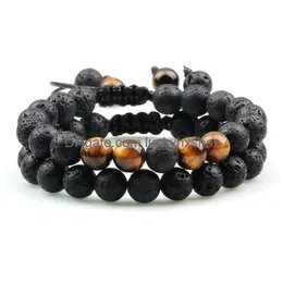 Corrente Black Lava Stone Crown Charme Tiger Eye Beads Pulseira para Homens Mulheres Trançado Pulseiras Handmade Ajustável Jóias Pseira Drop de Dhfen