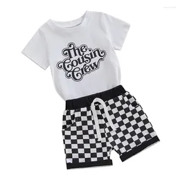 Kläder set baby pojkar sommarkläder kort ärm t-shirt kusin bokstav tryck topp checkerbräda rutig shorts 2 st klädset