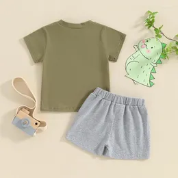 Kläduppsättningar småbarn Baby Boy Summer Outfit Kid Dinosaur Number Print Kort ärm T-shirt Toppar Solid Shorts Casual kläder