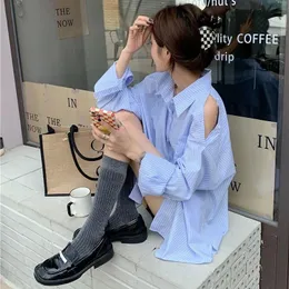 Off Shoulder Blue Striped Long Sleeve Women Chemise Femme Chic High Street Blouse Oversize Hollow Out Shirts Turn Down Collar 240322